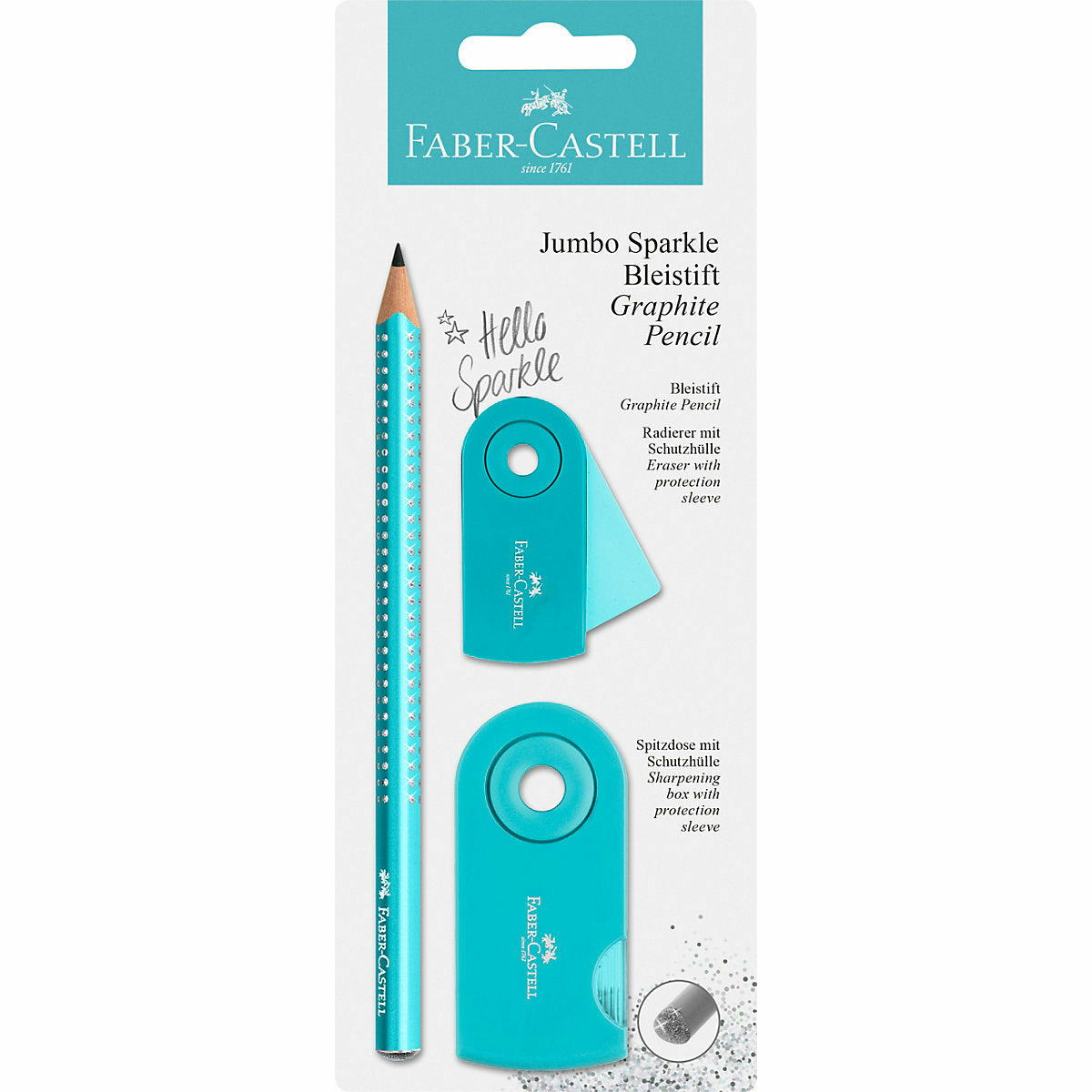 Faber-CastellBleistiftset Jumbo Sparkle pearl türkis, 3-tlg., inkl. Radierer & Spitzer