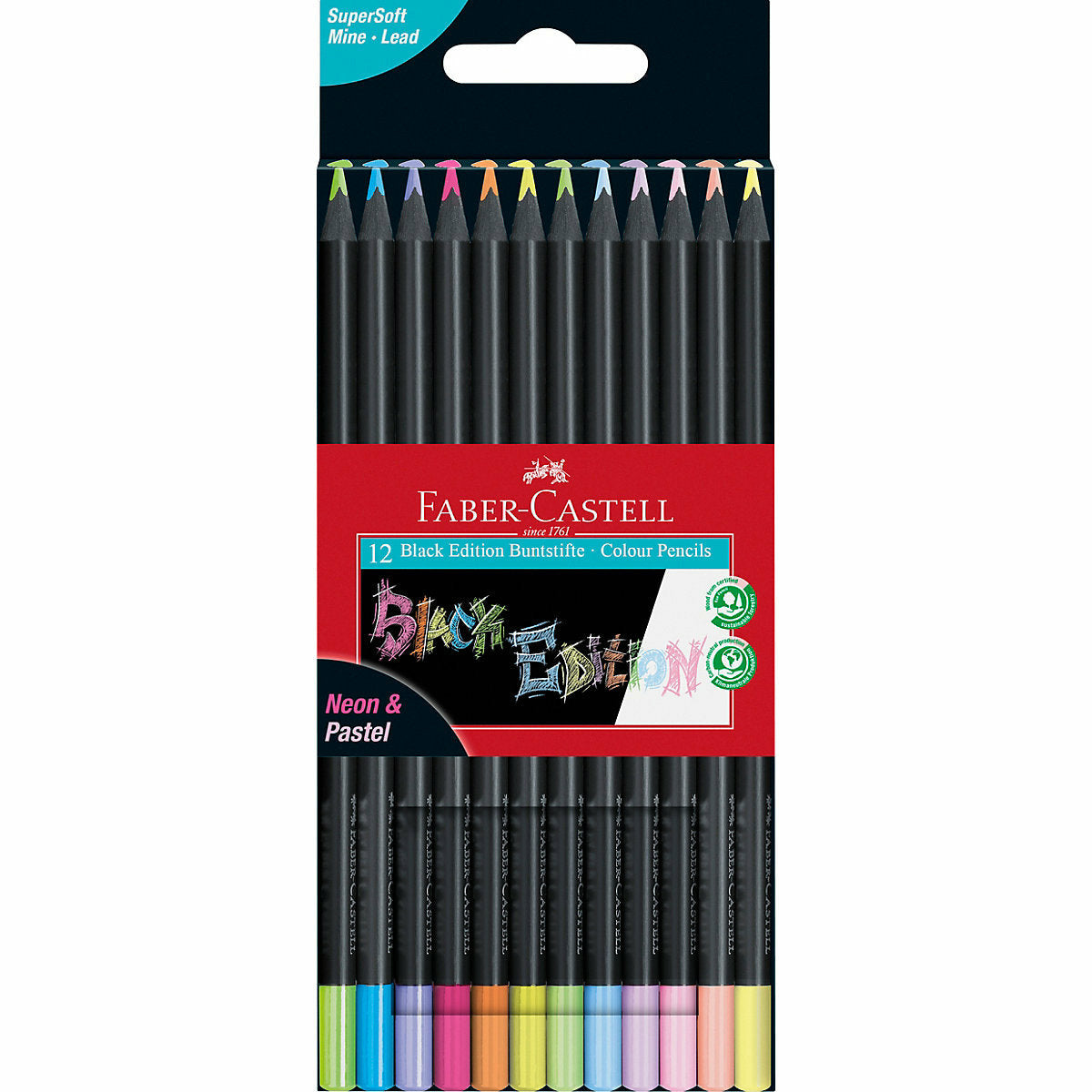 Faber-CastellBuntstifte Black Edition Neon & Pastell, 12 Farben