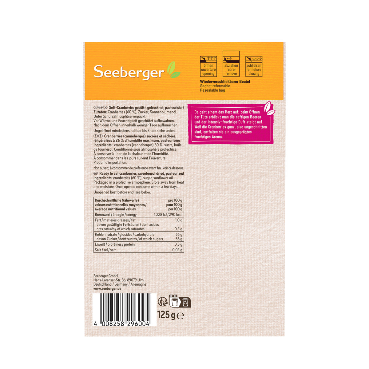 SEEBERGER SOFT-CRANBERRIES 125 G