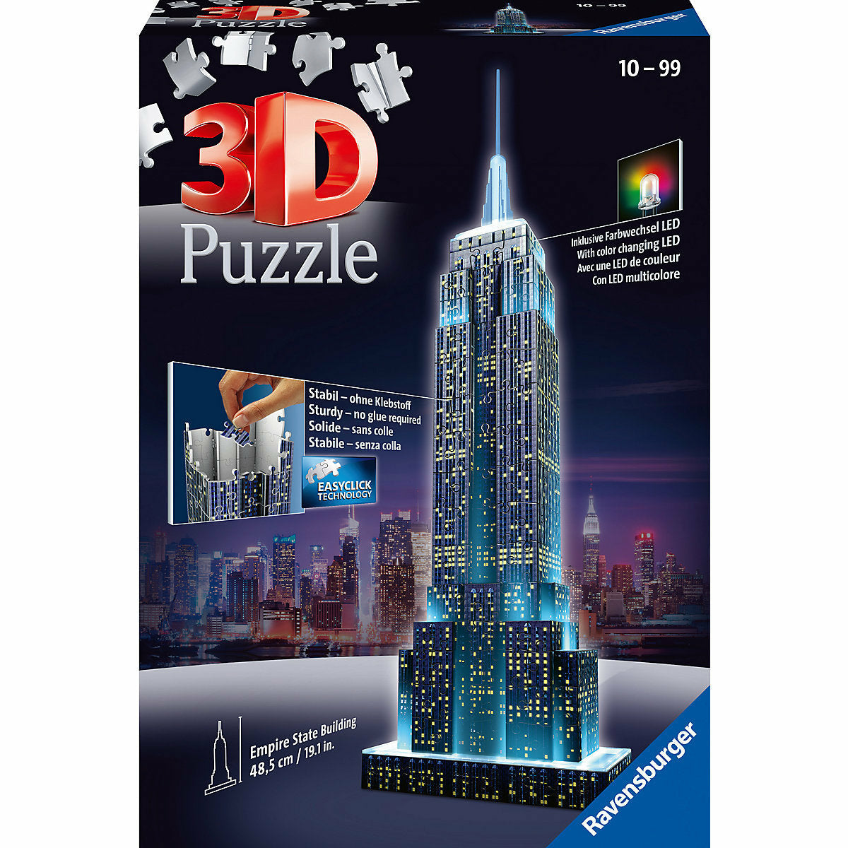 LED가 장착된 Ravensburger 3D 퍼즐 밤, H49 cm, 216개, 밤의 엠파이어 스테이트 빌딩