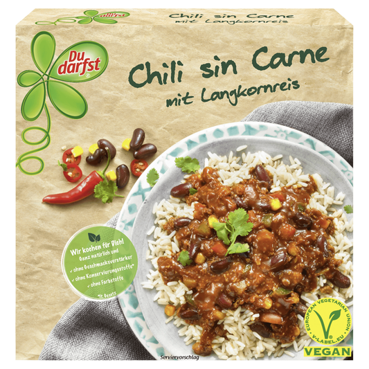 Du darfst Chili Sin Carne mit Langkornreis vegan...