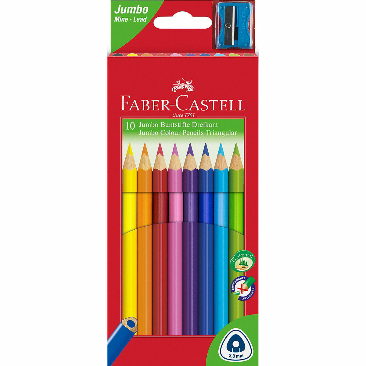 Faber-CastellDreikant-Buntstifte JUMBO TRIANGULAR, 10 Farben, inkl. Anspitzer