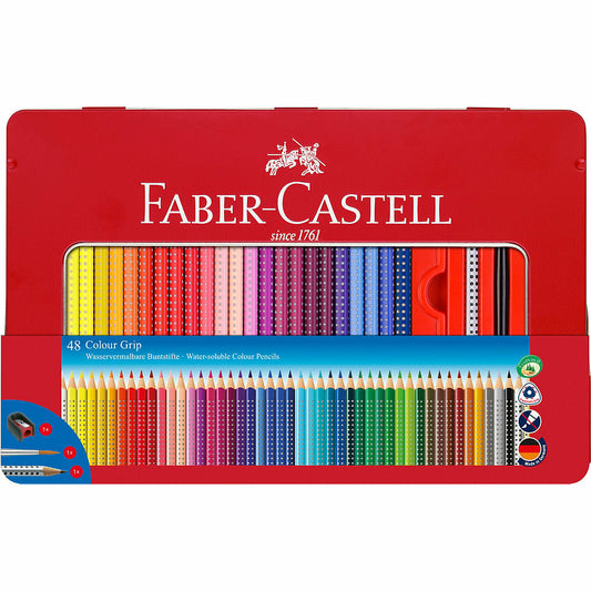 Faber-CastellBuntstifte COLOUR GRIP wasservermalbar, 48 Farben & Zubehör, Metalletui